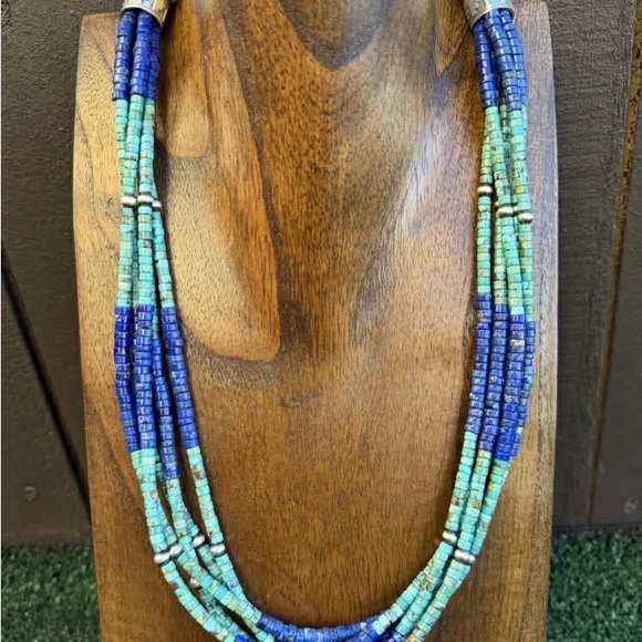 Sterling Silver Heishi Multi Strand Stone Lapis Turquoise Bead Necklace. 24 inch